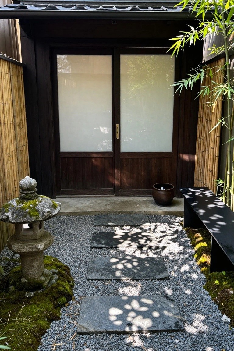 Dark wooden double doors with frosted glass panels above a concrete threshold, approached by flat stone stepping stones set in gravel.