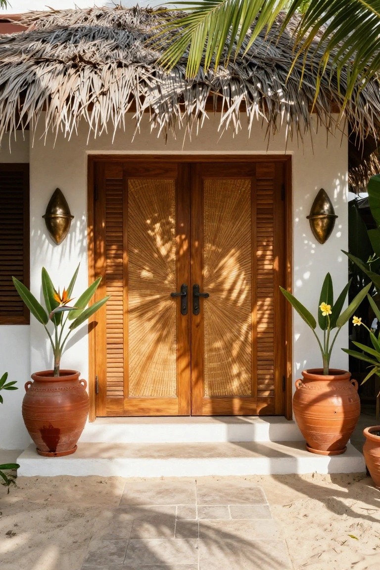 Double wooden entrance doors with a radial sunburst pattern in the center panels, installed under a thatched roof and flanked by two large terracotta pots.