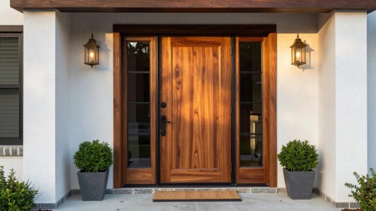 19 Luxurious Wooden Entrance Door Designs Built Around Premium Craftsmanship A wooden front door with vertical grain panels set in a black frame, flanked by two wall lanterns and potted shrubs.