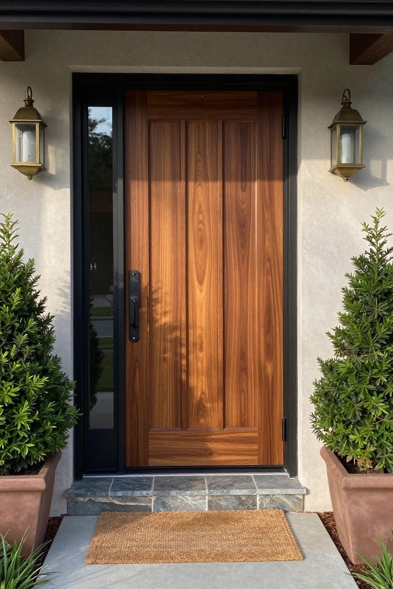 A wooden front door with vertical grain panels set in a black frame, flanked by two wall lanterns and potted shrubs.