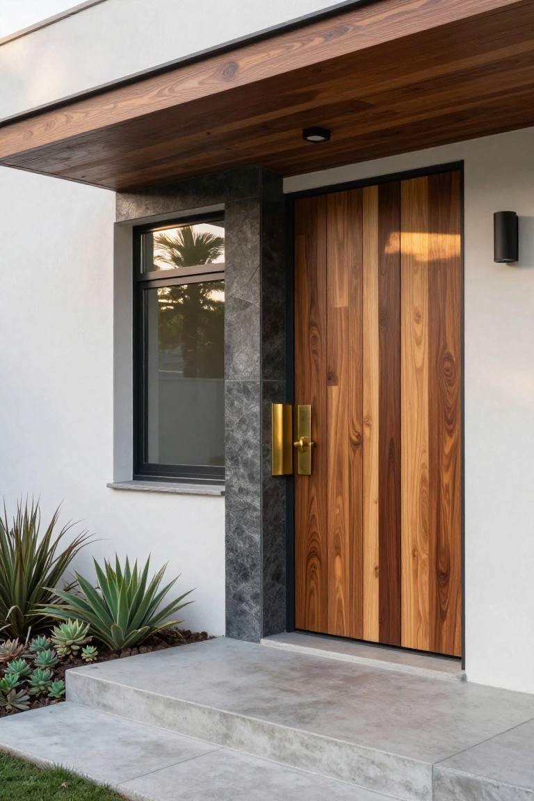 A modern house entrance with a tall vertical-grain wooden door, brass handles, stone column, small window, and concrete steps.