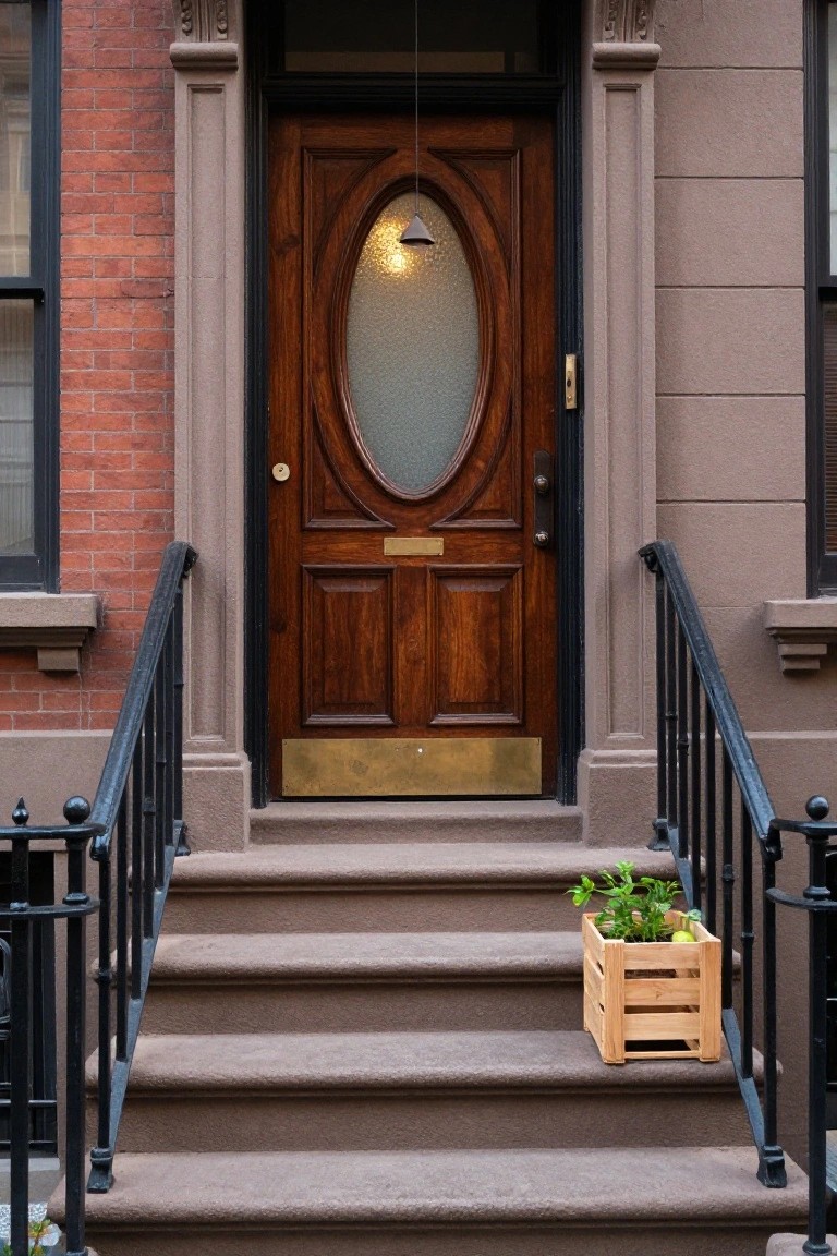 Wooden door with oval glass above stone steps with black railings and plant crate
