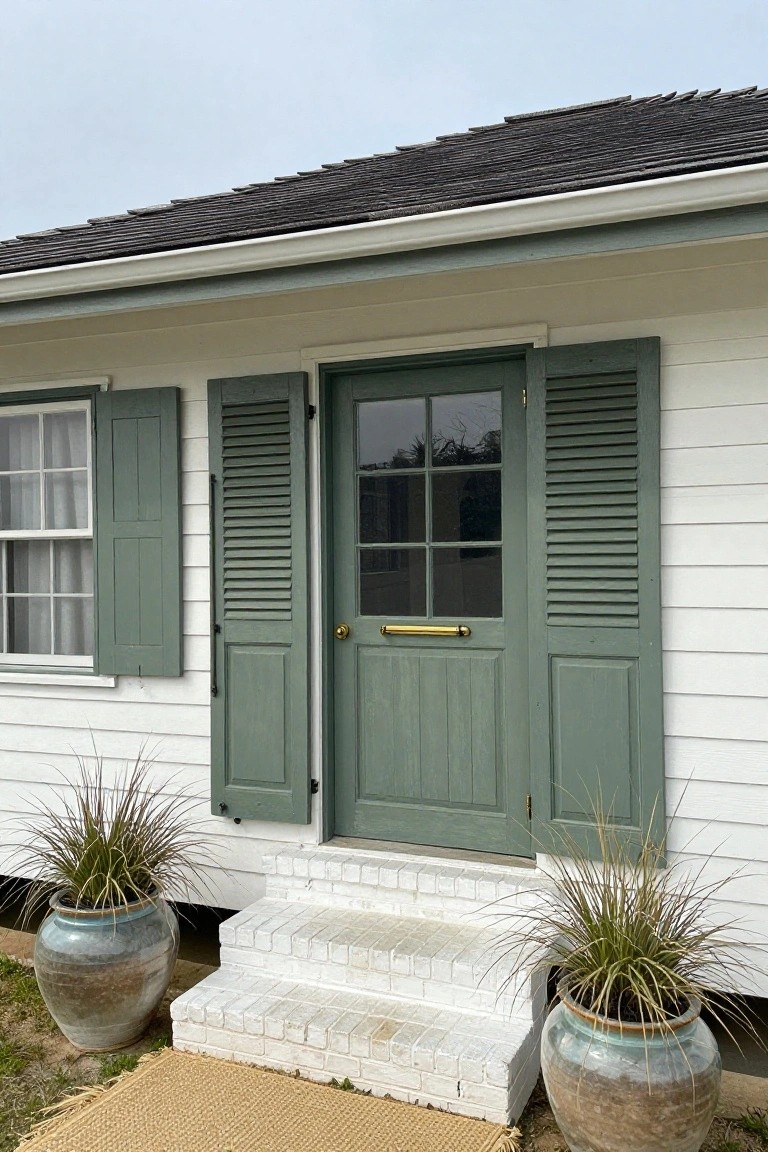 A green wooden front door with divided glass panes, flanked by matching green shutters on a white house with white brick steps and two large potted plants.