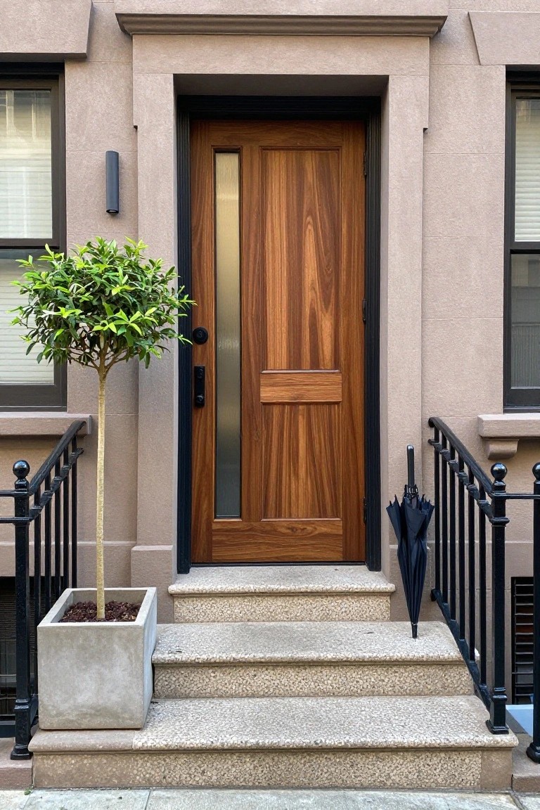 A wooden front door with vertical grain and a narrow vertical glass panel set within a light stone facade above three stone steps.