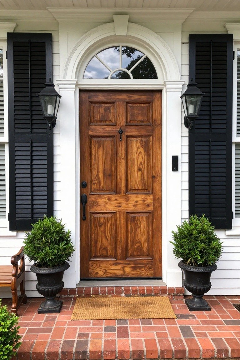 Brown wooden door with black shutters, lanterns, and potted plants on brick porch