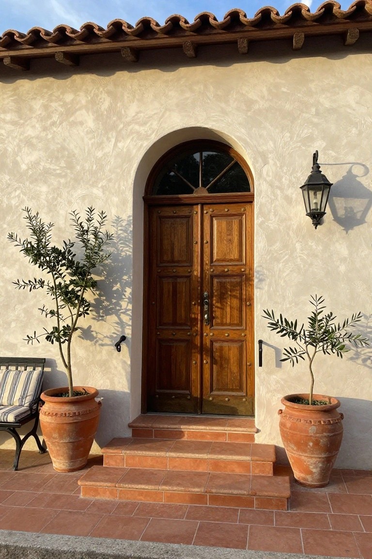 A pair of wooden double doors with an arched transom window above them, set into a stucco wall and reached by terracotta steps.