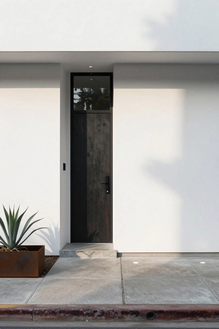 A tall dark wooden door with a black frame and narrow transom window set in a white exterior wall, with concrete steps and a metal planter to the left.