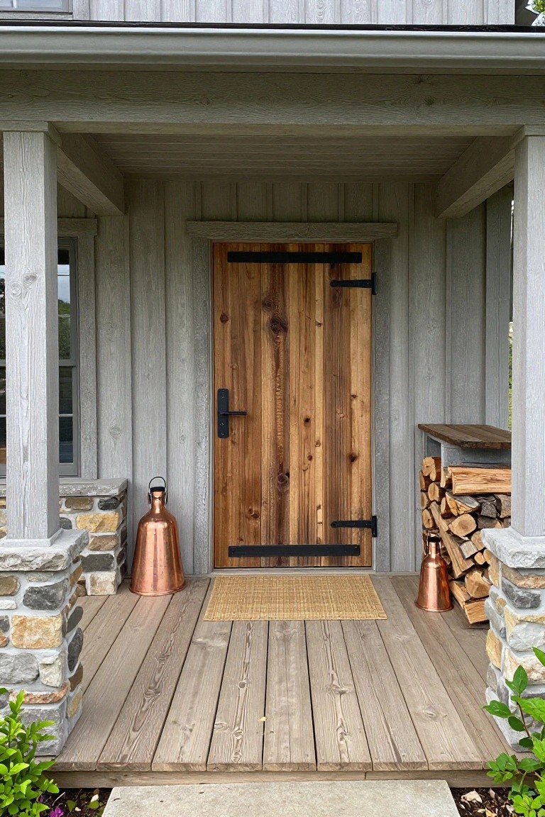 Wooden door on gray porch with copper cans, doormat, and stacked firewood.