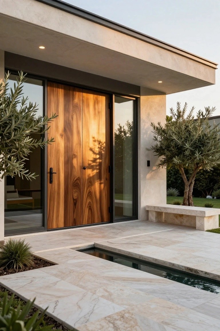 Double wooden entrance doors with black hardware set beside tall glass panels on a light stone and concrete modern house facade.