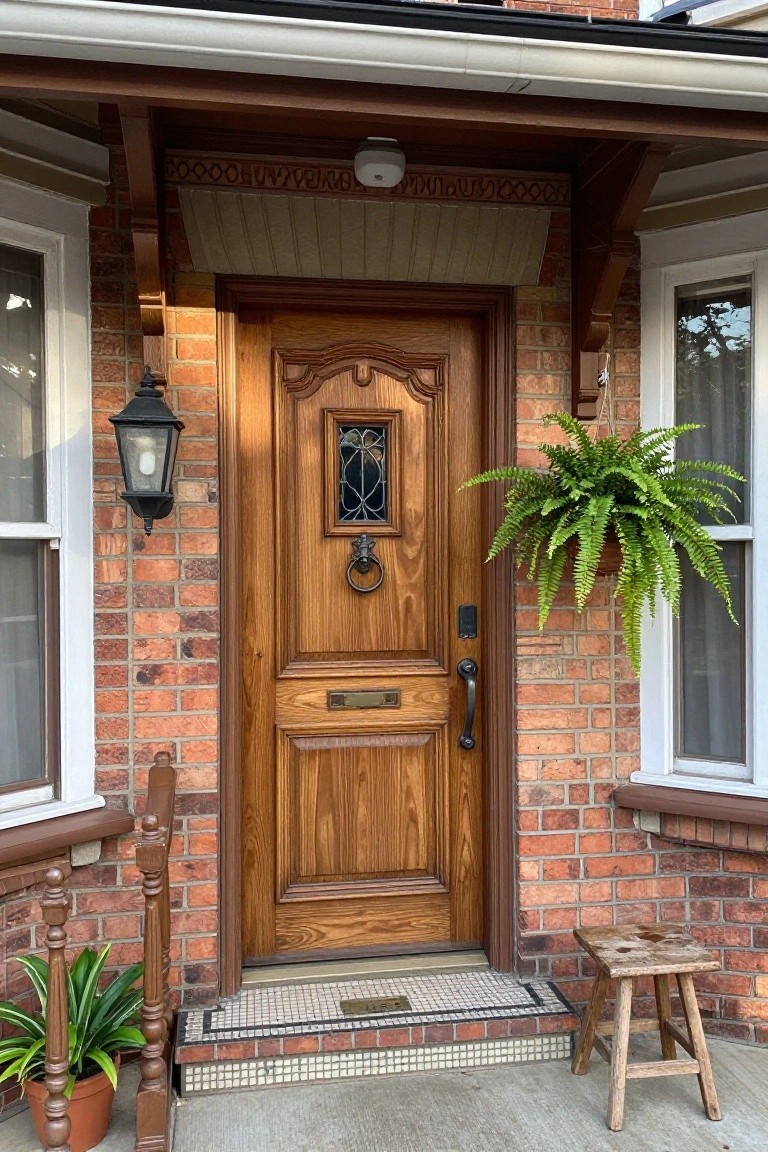 A wooden front door with a small decorative window and black hardware, set into a red brick facade with flanking windows and a hanging fern.