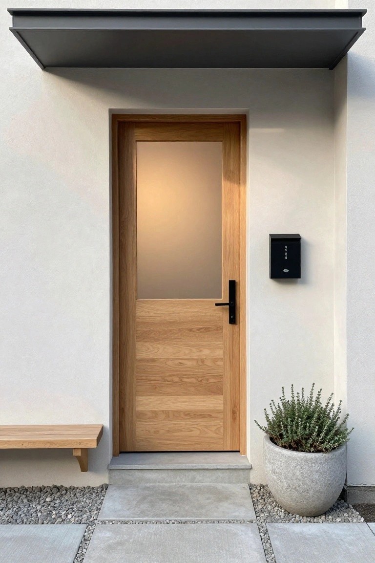 A light wood front door with a frosted upper glass panel and horizontal lower planks, installed under a dark metal canopy beside a black mailbox and stone planter.
