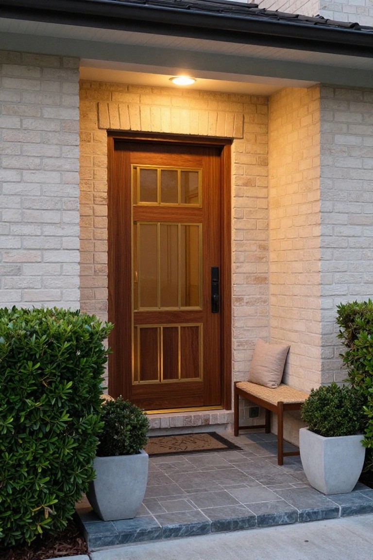 Wooden door with glass panels on brick house, potted plants and bench at entrance