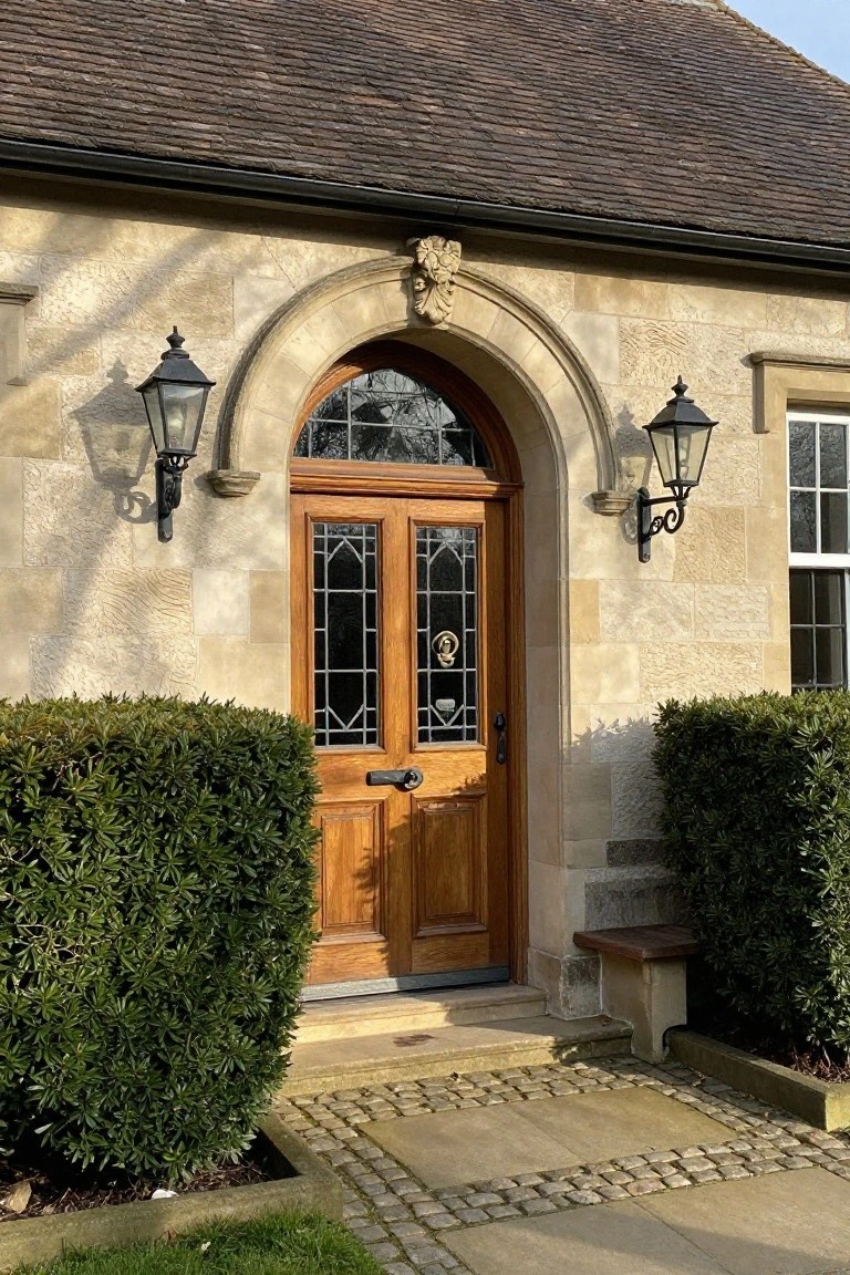 Arched wooden door in stone entryway flanked by black lanterns and green hedges.
