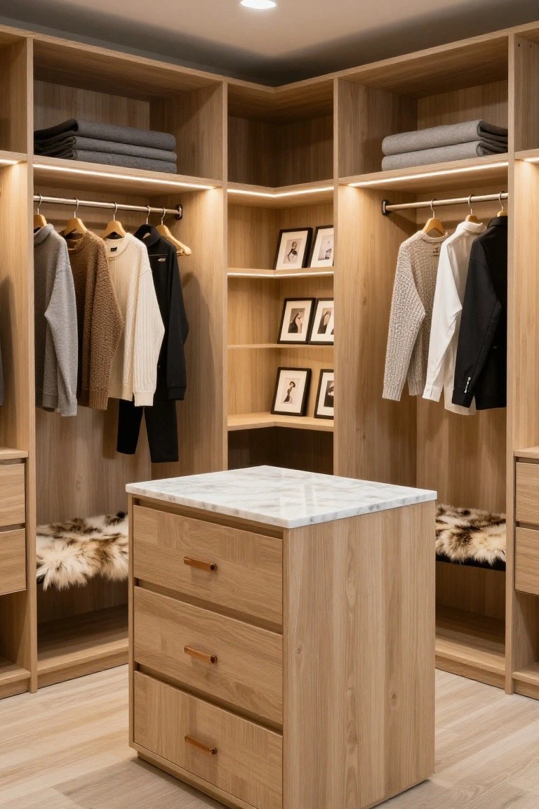 Modern light-wood walk-in closet with marble island, hanging sweaters, and framed photos