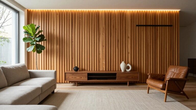 A modern living room with a full-height vertical wood slat accent wall, a light fabric sofa, a low wooden console with vases, a large potted fiddle leaf fig, and a brown leather chair on a woven rug.