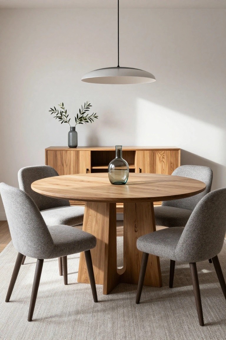 A round wooden dining table with four gray upholstered chairs sits in front of a light wood sideboard on a light rug, with a pendant light above.