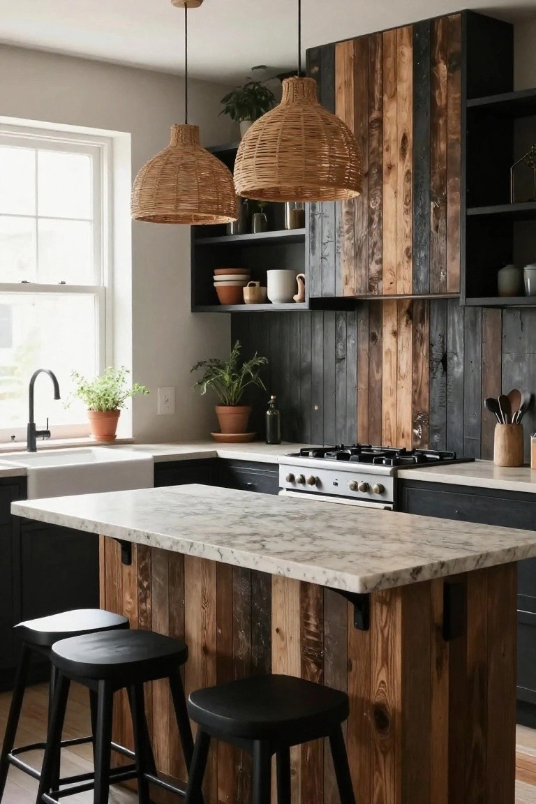 A modern kitchen with a vertical wood slat accent wall behind a stainless steel gas range, a white marble island, and two woven pendant lights.