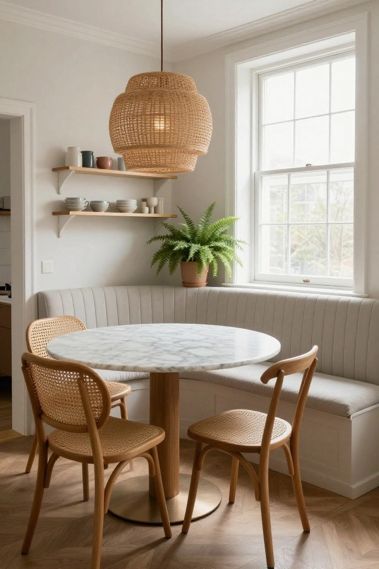 Round marble table with rattan chairs in bright nook with woven pendant light