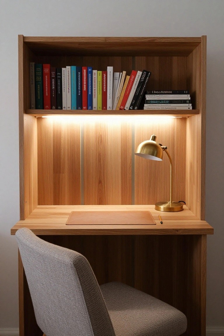 A built-in desk with a wooden surface and gray chair is set against a wall of vertical wood slats, with upper shelves holding books and a brass lamp on the desk.