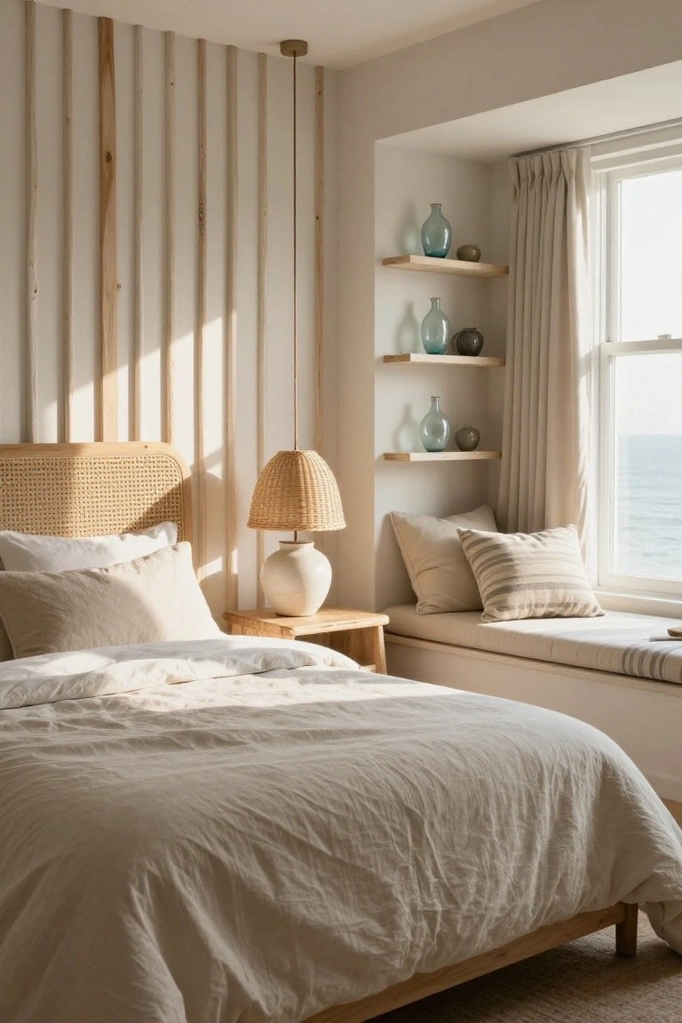 A bedroom featuring a vertical wood slat accent wall behind a bed with white linens, a woven headboard, a bedside table with a lamp, and a window seat with pillows overlooking the water.