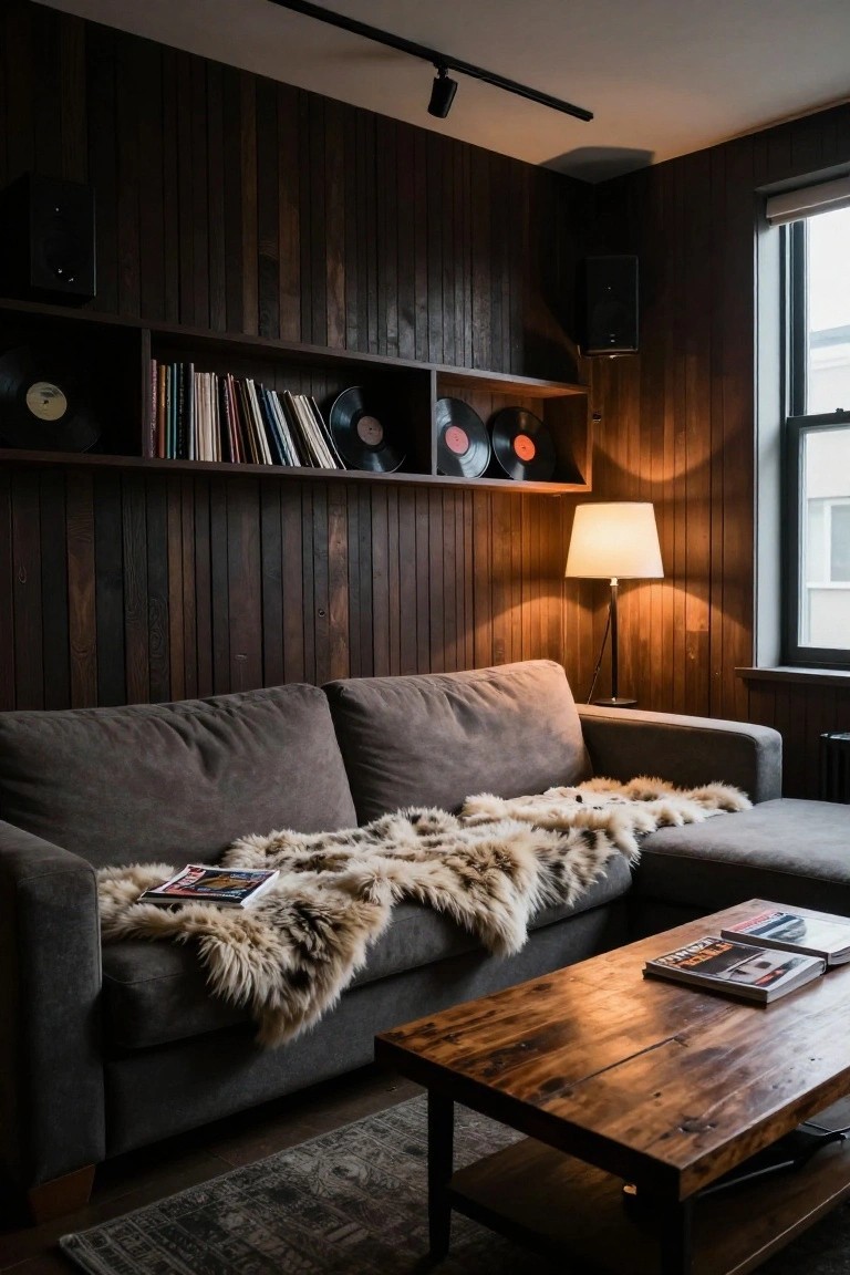 A living room featuring a dark vertical wood slat accent wall with built-in shelves holding vinyl records and books, a gray sectional sofa with a fur throw, and a wooden coffee table.