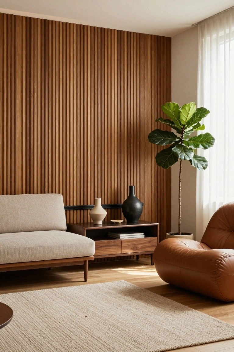 A modern living room with a full-height vertical wood slat accent wall, a light fabric sofa, a low wooden console with vases, a large potted fiddle leaf fig, and a brown leather chair on a woven rug.