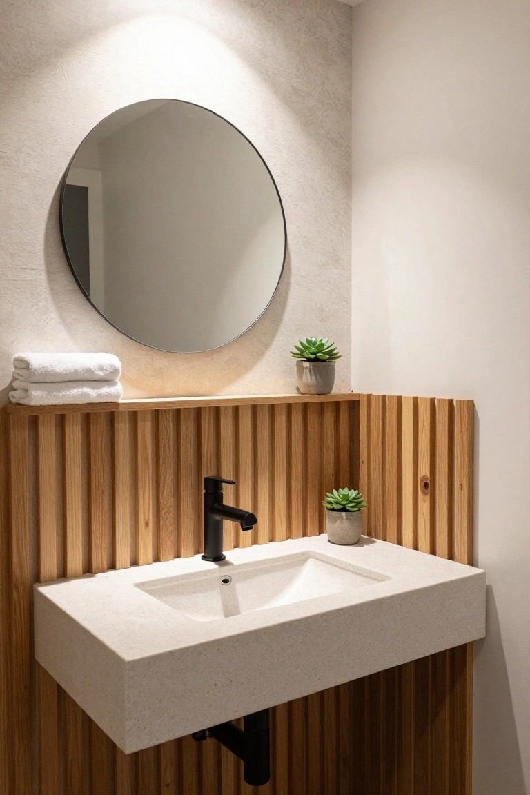 A bathroom with a floating light-colored sink and black faucet mounted on a vertical wood slat accent wall, round mirror above, and two small potted succulents.