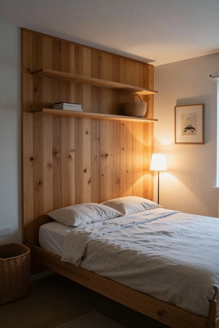 Bedroom with a full-height vertical wood slat accent wall behind a low wooden bed with white bedding and two floating shelves.