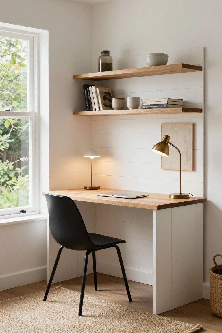A corner workspace with a built-in desk, black chair, two brass lamps, and floating wood shelves mounted on a white horizontal slat accent wall next to a window.