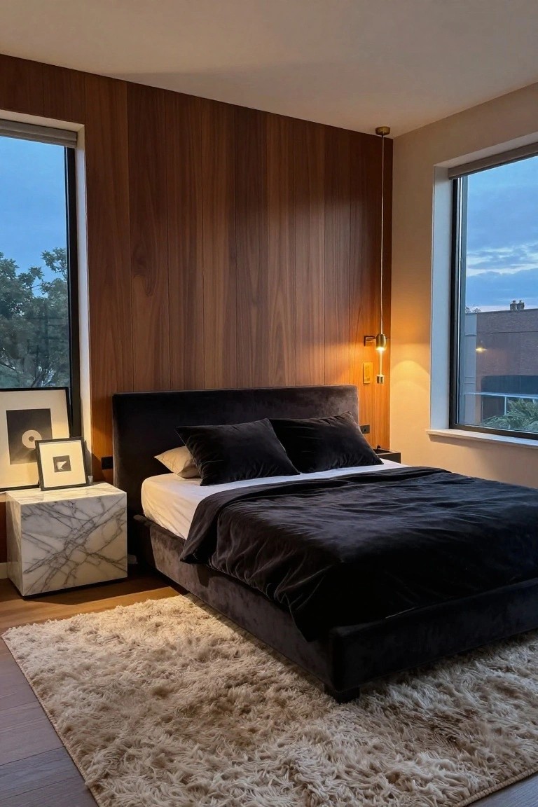 A modern bedroom featuring a full-height vertical wood slat accent wall behind a dark upholstered bed with black bedding and a marble nightstand to the left.