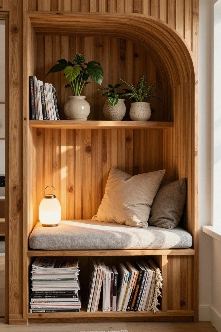 A wooden alcove with vertical slat walls, an arched top, a cushioned bench, pillows, a lit lantern, books, and potted plants on the upper shelf.