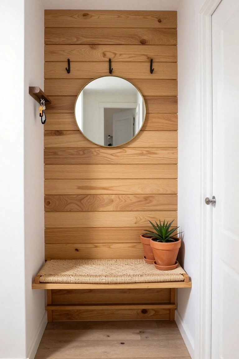 A narrow interior entryway with a horizontal wood slat accent wall, round mirror, black hooks, woven bench, and two potted plants.