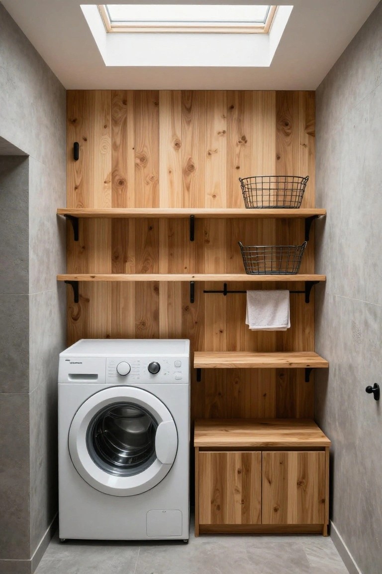 A laundry room with a white washing machine under wooden floating shelves on a vertical wood slat wall, two black wire baskets on the shelves, and a small wooden cabinet below.