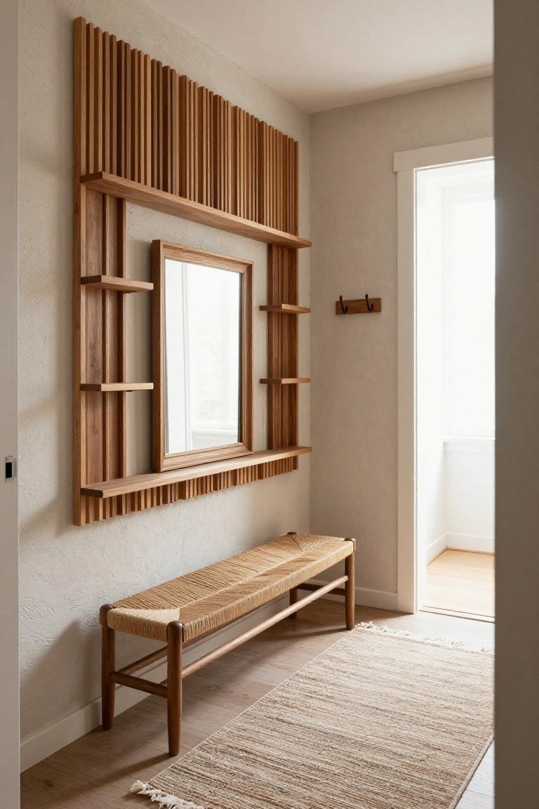 Wooden slatted wall with mirror and shelves above woven bench and rug in entryway