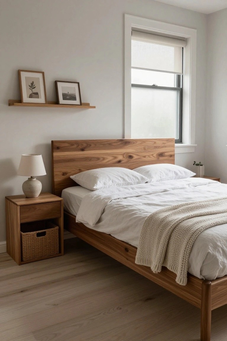 Natural wood bed with white linens, nightstand, lamp, and floating shelf art