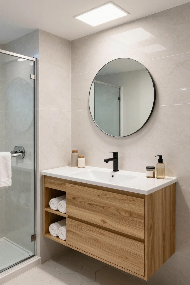A modern bathroom with a floating wooden vanity, white countertop and sink, black faucet, round mirror, and open shelves holding rolled towels beside a glass shower enclosure.