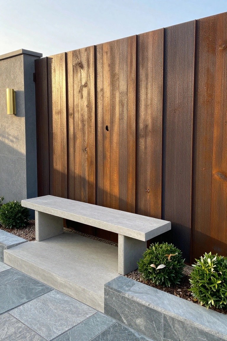 A gray concrete bench sits in front of a tall vertical wood plank fence, with low green shrubs planted on either side.