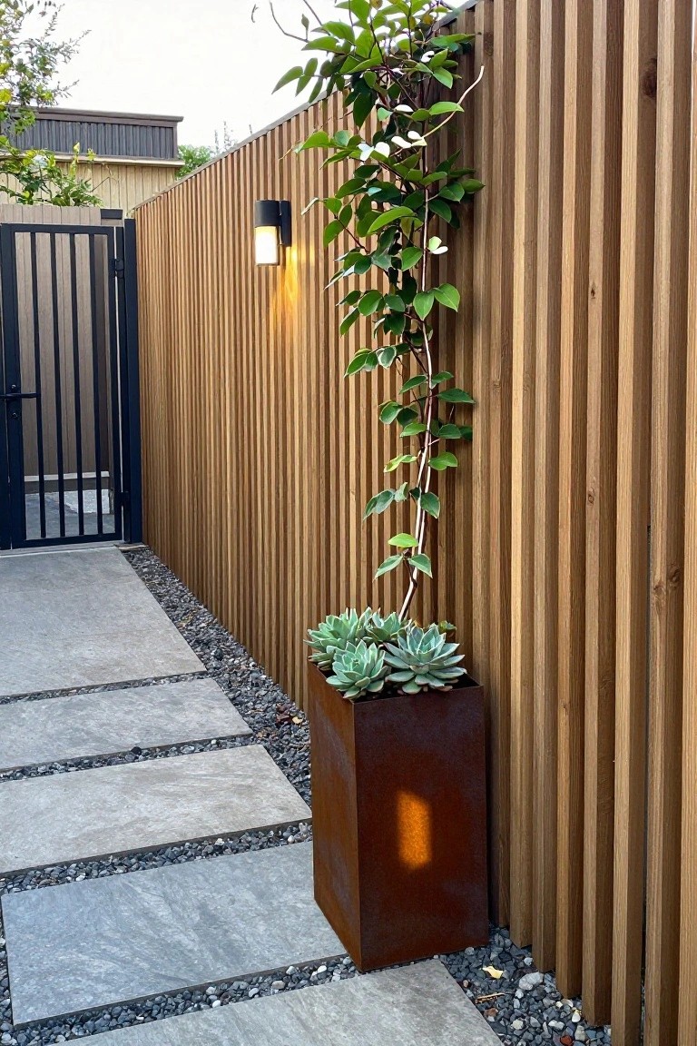 A rusted metal planter holding succulents stands against a vertical wood slat fence beside a stone path with gravel.