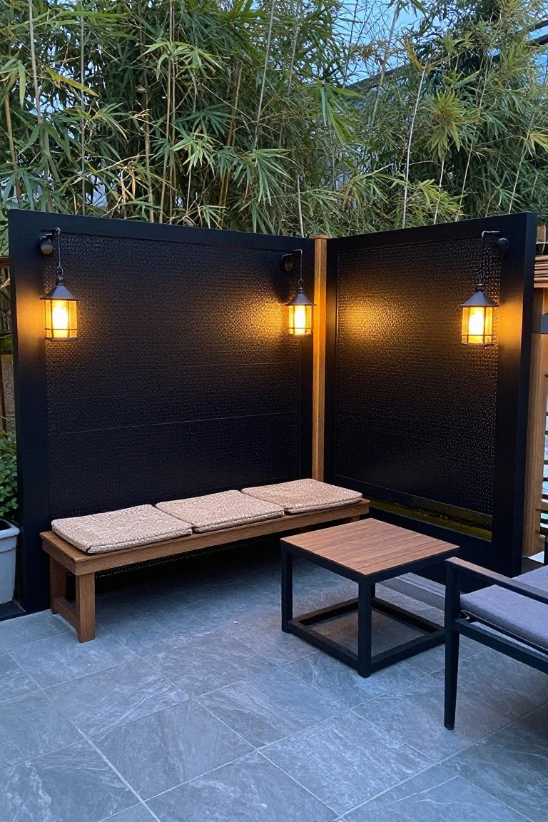Outdoor patio with a wooden bench and cushions against black perforated metal privacy screens lit by hanging lanterns, with bamboo plants visible behind.