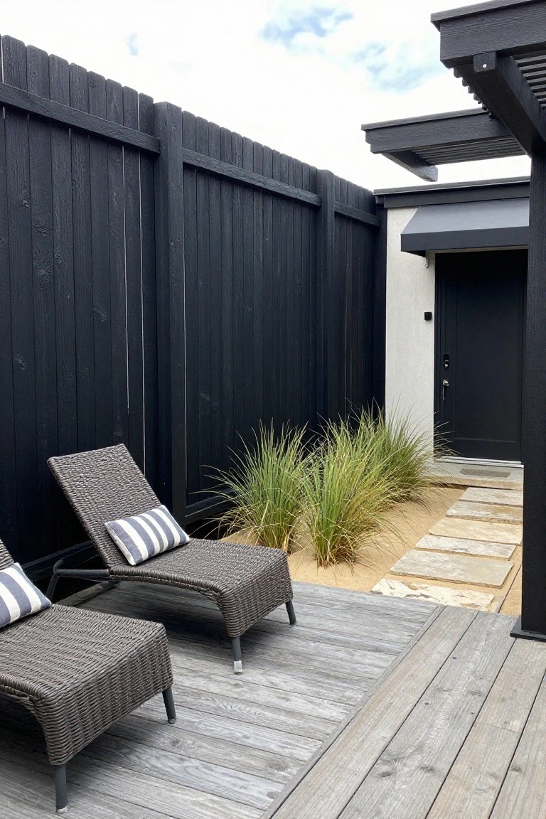 A wooden deck with two woven lounge chairs faces a tall black vertical-board fence, with ornamental grass and a stone path leading to a black door.