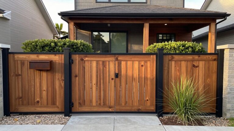 A wooden fence and gate with black metal posts and hinges stands in front of a house with vertical wood siding.
