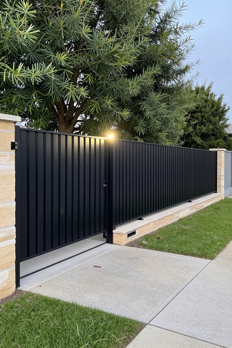 A black vertical metal fence and gate with stone pillars and base along a concrete driveway next to grass and trees.