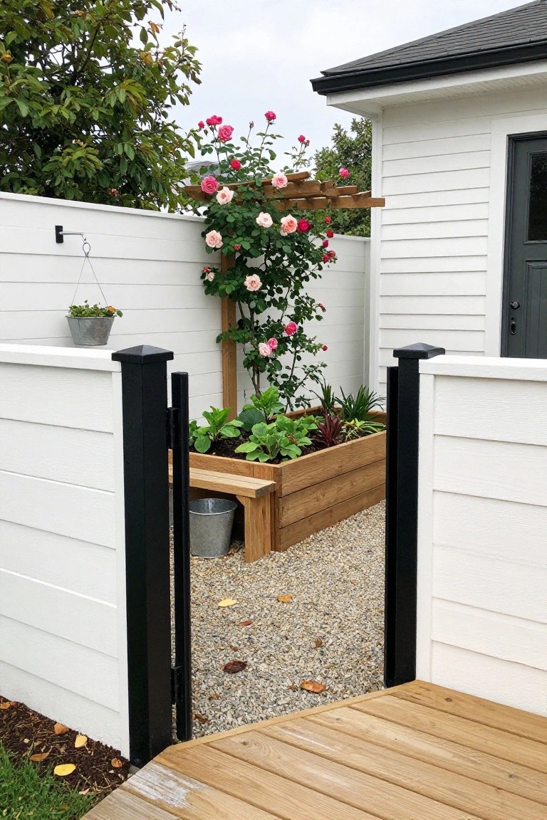 A white horizontal wood fence with black metal posts frames a wooden raised garden bed and rose-covered trellis in a gravel yard beside a house.