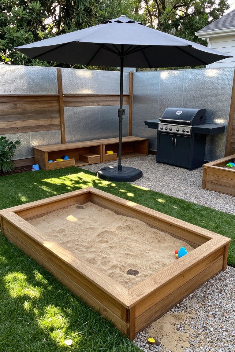 A backyard scene showing a wooden sandbox on grass in front of a fence combining horizontal wood boards and corrugated metal panels, with a grill and large umbrella nearby.