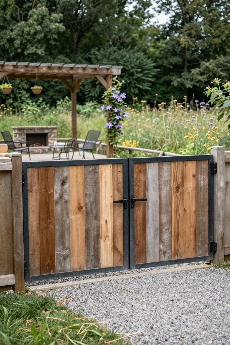 Rustic double wooden gate with black metal frame and mixed planks in garden