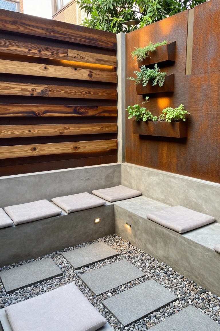 An outdoor corner with concrete benches topped by gray cushions, gravel and stone paver flooring, a horizontal wood slat wall on the left, and a rusted metal wall with integrated plant boxes on the right.