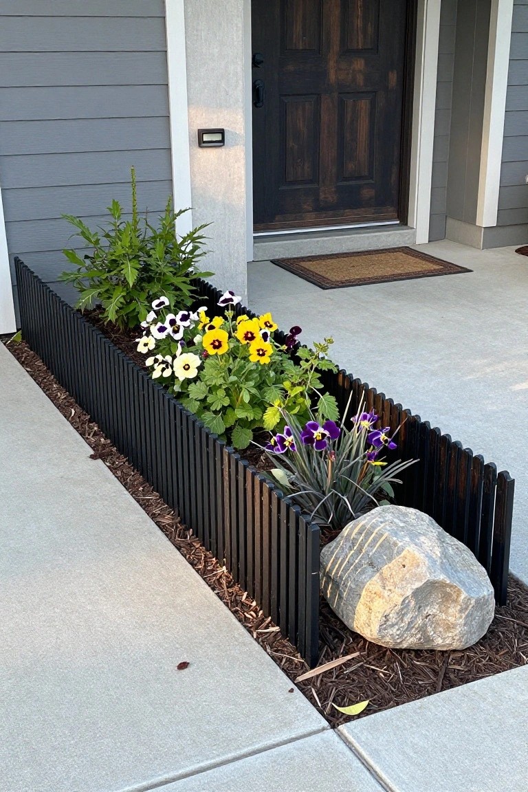 A narrow flower bed bordered by vertical black slats holds colorful pansies, yellow flowers, and green plants beside a concrete walkway and house entrance.