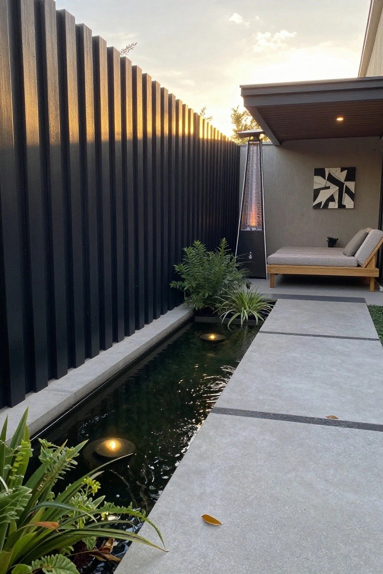 A modern outdoor patio with a tall dark vertical wood fence along one side, a narrow water feature, concrete pavers, and a lounge chair under a covered area.