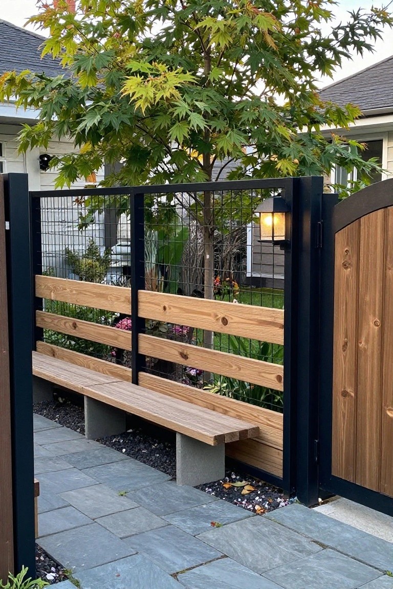 A wooden bench built into a black metal fence with wire mesh and horizontal wood slats, beside a stone patio and garden.