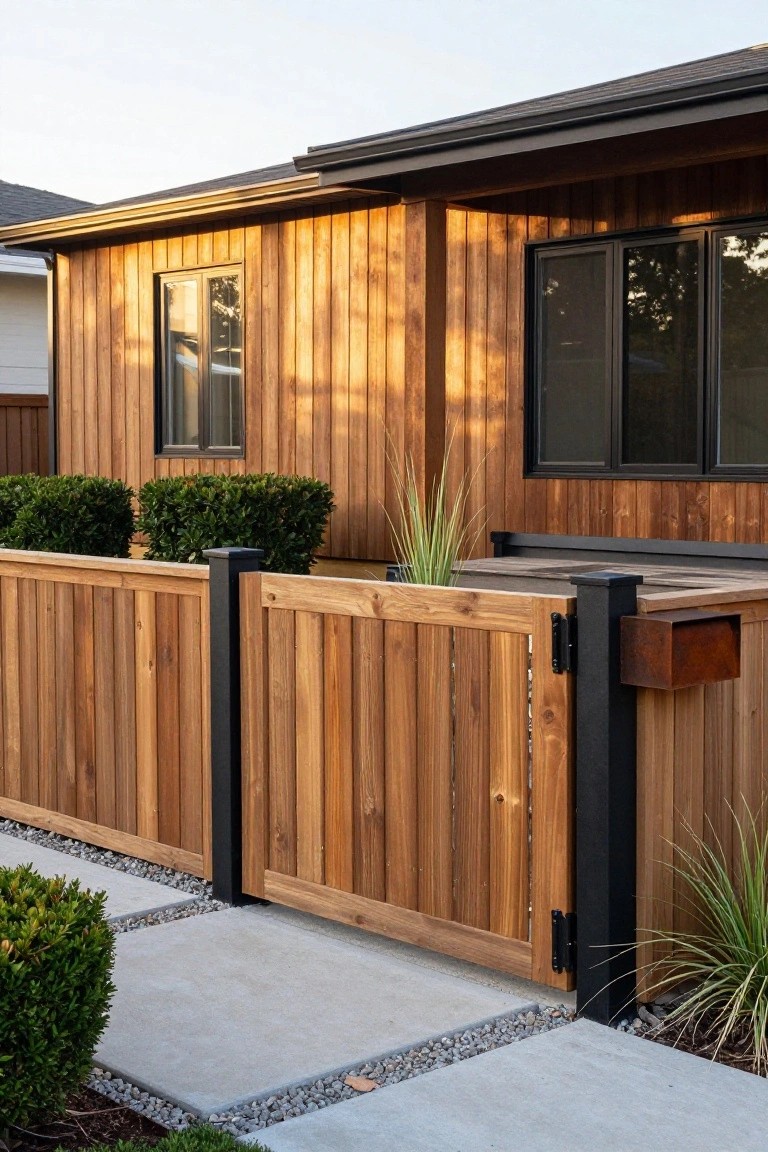 A wooden fence and gate with black metal posts and hinges stands in front of a house with vertical wood siding.